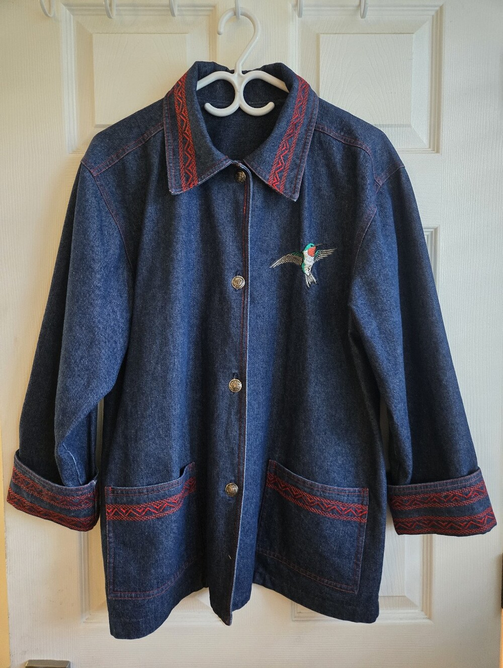 Womens Handmade Dark Blue Denim Jacket with Embroidered Hummingbird